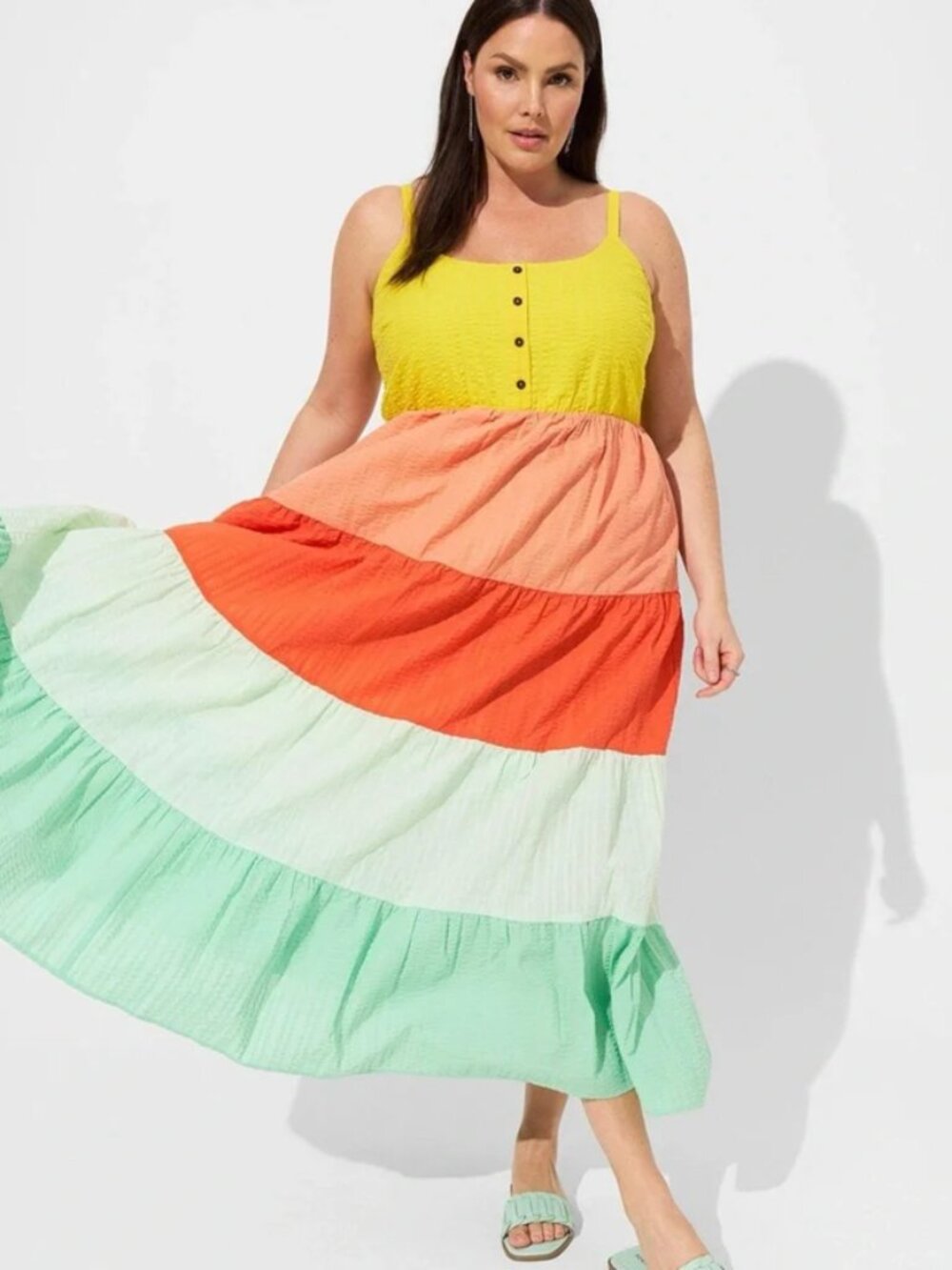 Torrid Colorblock Seersucker Tiered Maxi Dress 1X NWT Plus Size